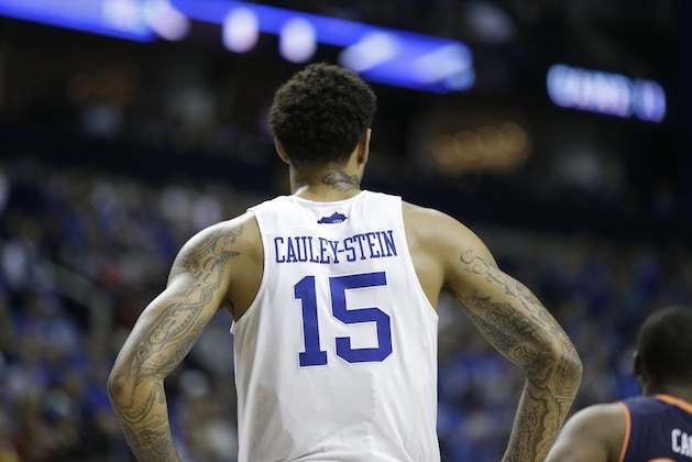 Kentucky forward Willie Cauley-Stein (15) walks on the court against Auburn during the second half of an NCAA college basketball game in the semifinal round of the Southeastern Conference tournament, Saturday, March 14, 2015, in Nashville, Tenn. (AP Photo/Mark Humphrey)