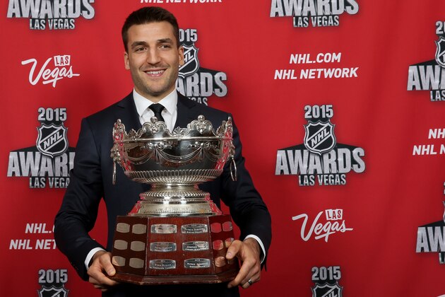 LAS VEGAS, NV - JUNE 24:  Patrice Bergeron of the Boston Bruins poses in the press room after winning the Frank Selke Award at the 2015 NHL Awards at MGM Grand Garden Arena on June 24, 2015 in Las Vegas, Nevada.  (Photo by Bruce Bennett/Getty Images)