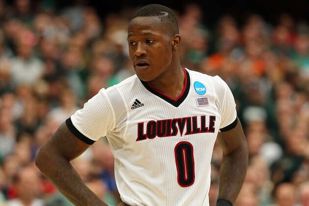 SYRACUSE, NY - MARCH 29:  Terry Rozier #0 of the Louisville Cardinals looks on in the second half of the game against the Michigan State Spartans during the East Regional Final of the 2015 NCAA Men's Basketball Tournament at Carrier Dome on March 29, 2015 in Syracuse, New York.  (Photo by Elsa/Getty Images)