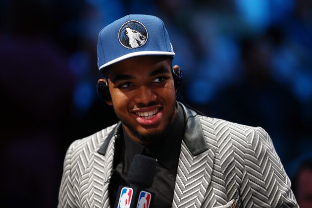 NEW YORK, NY - JUNE 25:  Karl-Anthony Towns speaks to the media after being drafted first overall by the Minnesota Timberwolves in the First Round of the 2015 NBA Draft at the Barclays Center on June 25, 2015 in the Brooklyn borough of  New York City. NOTE TO USER: User expressly acknowledges and agrees that, by downloading and or using this photograph, User is consenting to the terms and conditions of the Getty Images License Agreement.  (Photo by Elsa/Getty Images)