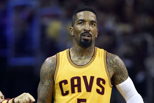 Jun 9, 2015; Cleveland, OH, USA; Cleveland Cavaliers guard J.R. Smith (5) reacts to a play during the second quarter against the Golden State Warriors in game three of the NBA Finals at Quicken Loans Arena. Mandatory Credit: Bob Donnan-USA TODAY Sports