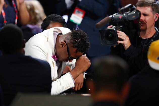 NEW YORK, NY - JUNE 25:  Myles Turner reacts after being selected 11th overall by the Indiana Pacers in the First Round of the 2015 NBA Draft at the Barclays Center on June 25, 2015 in the Brooklyn borough of  New York City. NOTE TO USER: User expressly acknowledges and agrees that, by downloading and or using this photograph, User is consenting to the terms and conditions of the Getty Images License Agreement.  (Photo by Elsa/Getty Images)