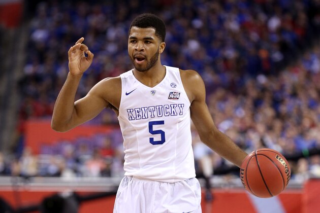INDIANAPOLIS, IN - APRIL 04: Andrew Harrison #5 of the Kentucky Wildcats brings the ball up court in the first half against the Wisconsin Badgers during the NCAA Men's Final Four Semifinal at Lucas Oil Stadium on April 4, 2015 in Indianapolis, Indiana. (Photo by Streeter Lecka/Getty Images) INDIANAPOLIS, IN - APRIL 04: Andrew Harrison #5 of the Kentucky Wildcats brings the ball up court in the first half against the Wisconsin Badgers during the NCAA Men's Final Four Semifinal at Lucas Oil Stadium on April 4, 2015 in Indianapolis, Indiana. (Photo by Streeter Lecka/Getty Images)