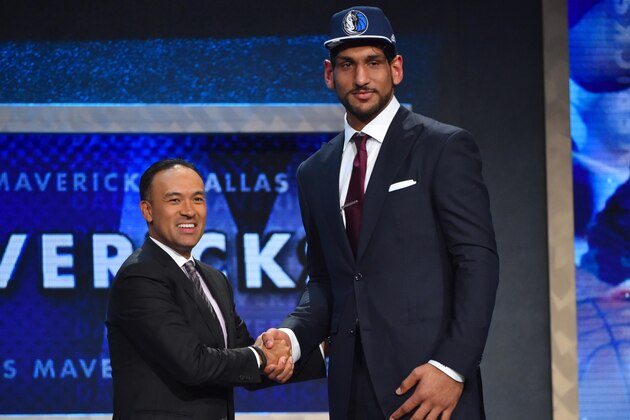 BROOKLYN, NY - JUNE 25:  Satnam Singh the 52nd pick overall in the NBA Draft by the Dallas Mavericks poses for a photo with Mark Tatum during the 2015 NBA Draft at the Barclays Center on June 25, 2015 in the Brooklyn borough of New York City. NOTE TO USER: User expressly acknowledges and agrees that, by downloading and/or using this photograph, user is consenting to the terms and conditions of the Getty Images License Agreement.  Mandatory Copyright Notice: Copyright 2015 NBAE (Photo by Jesse D. Garrabrant/NBAE via Getty Images)