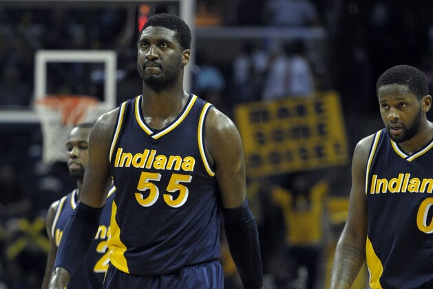 Apr 15, 2015; Memphis, TN, USA; Indiana Pacers center Roy Hibbert (55) reacts during the game against the Memphis Grizzlies at FedExForum. Memphis Grizzlies beat Indiana Pacers 95-83 Mandatory Credit: Justin Ford-USA TODAY Sports