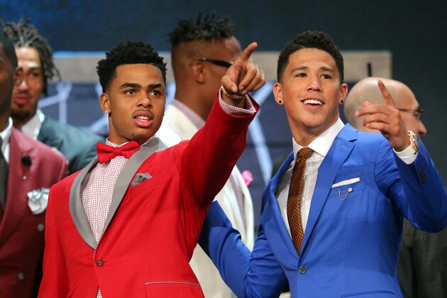 Jun 25, 2015; Brooklyn, NY, USA; Draft prospects D'Angelo Russell (left) of Ohio State and Devin Booker of Kentucky before the 2015 NBA Draft at Barclays Center. Mandatory Credit: Brad Penner-USA TODAY Sports