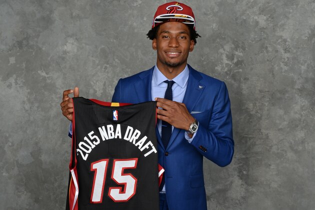 BROOKLYN, NY - JUNE 25:  Justise Winslow poses for a portrait after being drafted number ten overall by the Miami Heat during the 2015 NBA Draft at the Barclays Center on June 25, 2015 in the Brooklyn borough of New York City. NOTE TO USER: User expressly acknowledges and agrees that, by downloading and/or using this photograph, user is consenting to the terms and conditions of the Getty Images License Agreement.  Mandatory Copyright Notice: Copyright 2015 NBAE (Photo by Jennifer Pottheiser/NBAE via Getty Images)