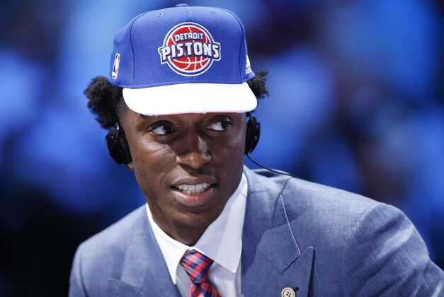 Stanley Johnson answers questions during an interview after being selected eighth overall by the Pistons during the NBA basketball draft, Thursday, June 25, 2015, in New York. (AP Photo/Kathy Willens)