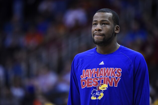 KANSAS CITY, MO - MARCH 13:  Cliff Alexander #2 of the Kansas Jayhawks looks on against the Baylor Bears during a semifinal game of the 2015 Big 12 Basketball Tournament at Sprint Center on March 13, 2015 in Kansas City, Missouri.  (Photo by Ed Zurga/Getty Images)