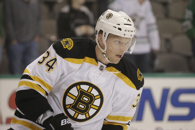 Boston Bruins center Carl Soderberg (34) skates the ice during warm ups before an NHL hockey game Tuesday, Jan. 20, 2015, in Dallas. (AP Photo/LM Otero)