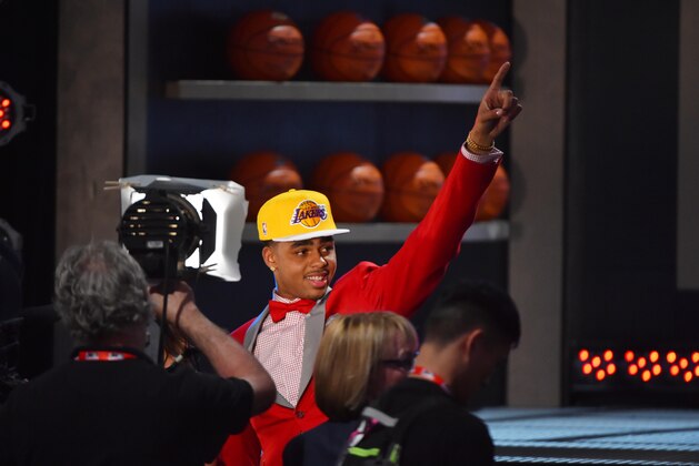 BROOKLYN, NY - JUNE 25:  D'Angelo Russell the #2 pick overall in the 2015 NBA Draft by the Los Angeles Lakers during the 2015 NBA Draft at the Barclays Center on June 25, 2015 in the Brooklyn borough of New York City. NOTE TO USER: User expressly acknowledges and agrees that, by downloading and/or using this photograph, user is consenting to the terms and conditions of the Getty Images License Agreement.  Mandatory Copyright Notice: Copyright 2015 NBAE (Photo by Jesse D. Garrabrant/NBAE via Getty Images)