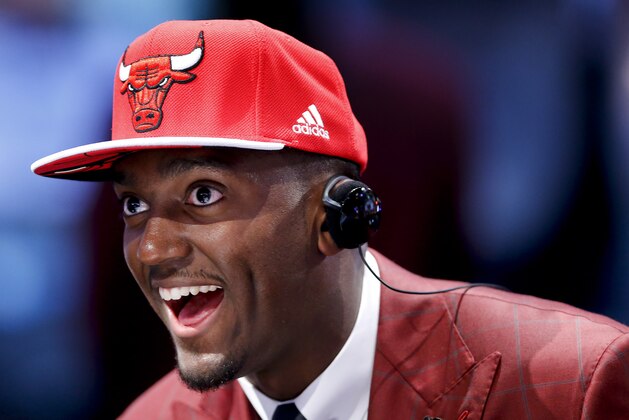 Bobby Portis answers questions during an interview after being selected 22nd overall by the Chicago Bulls during the NBA basketball draft, Thursday, June 25, 2015, in New York. (AP Photo/Kathy Willens)