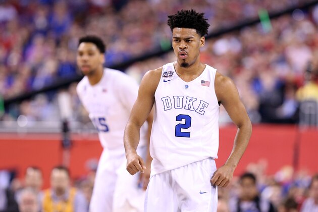 INDIANAPOLIS, IN - APRIL 06: Quinn Cook #2 of the Duke Blue Devils looks on in the first half against the Wisconsin Badgers during the NCAA Men's Final Four National Championship at Lucas Oil Stadium on April 6, 2015 in Indianapolis, Indiana.  (Photo by Streeter Lecka/Getty Images)