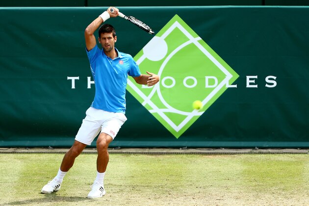 STOKE POGES, ENGLAND - JUNE 26:  Novak Djokovic of Serbia plays a forehand during his match against Alexander Zverev of Germany during Day 4 of The Boodles Tennis Event at Stoke Park on June 26, 2015 in Stoke Poges, England.  (Photo by Jordan Mansfield/Getty Images)
