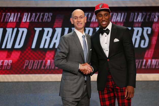 Jun 25, 2015; Brooklyn, NY, USA; Rondae Hollis-Jefferson (Arizona) greets NBA commissioner Adam Silver after being selected as the number twenty-three overall pick to the Portland Trailblazers in the first round of the 2015 NBA Draft at Barclays Center. Mandatory Credit: Brad Penner-USA TODAY Sports