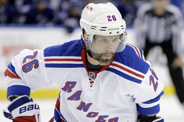 New York Rangers right wing Martin St. Louis (26) during the third period of Game 3 of the Eastern Conference finals during an NHL hockey Stanley Cup playoffs against the Tampa Bay Lightning Wednesday, May 20, 2015, in Tampa, Fla. (AP Photo/Chris O'Meara)