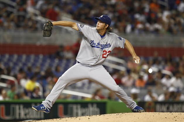 Los Angeles Dodgers starter Clayton Kershaw pitches to the Miami Marlins during the second inning of a baseball game in Miami, Friday, Aug. 10, 2012. (AP Photo/J Pat Carter)