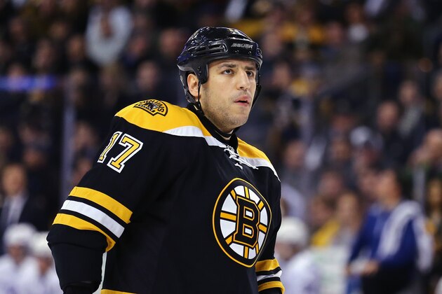 BOSTON, MA - MARCH 12:  Milan Lucic #17 of the Boston Bruins looks during the second period against the Tampa Bay Lightning at TD Garden on March 12, 2015 in Boston, Massachusetts.  (Photo by Maddie Meyer/Getty Images)
