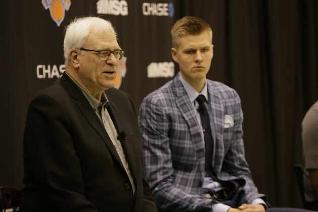 TARRYTOWN, NY - JUNE 26: Kristaps Porzingis, first round Draft pick of the New York Knicks is introduced to the media at the Madison Square Garden Training Facility on June 26, 2015 in Tarrytown, New York. NOTE TO USER: User expressly acknowledges and agrees that, by downloading and or using this photograph, User is consenting to the terms and conditions of the Getty Images License Agreement. Mandatory Copyright Notice: Copyright 2015 NBAE (Photo by Steven Freeman/NBAE via Getty Images)