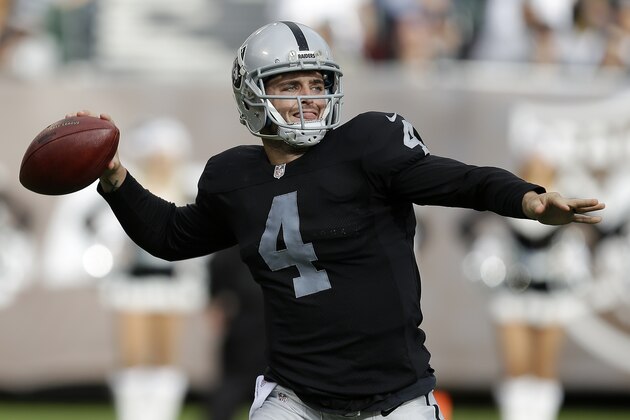 Oakland Raiders quarterback Derek Carr (4) passes against the Buffalo Bills during the first quarter of an NFL football game in Oakland, Calif., Sunday, Dec. 21, 2014. (AP Photo/Ben Margot)