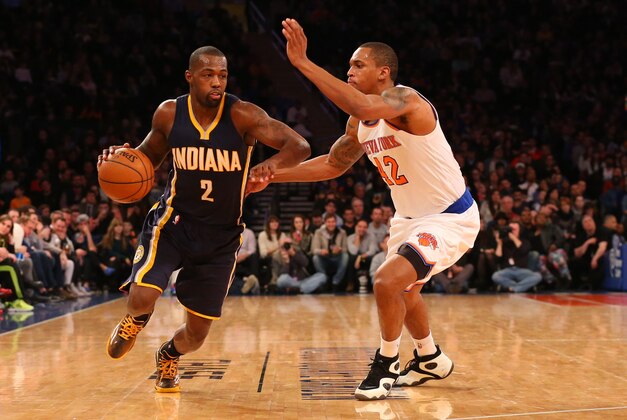 Mar 7, 2015; New York, NY, USA;  Indiana Pacers guard Rodney Stuckey (2) drives past New York Knicks forward Lance Thomas (42) during the fourth quarter at Madison Square Garden. Indiana Pacers won 92-86. Mandatory Credit: Anthony Gruppuso-USA TODAY Sports