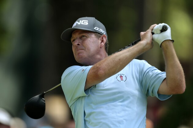 Jeff Maggert tees off on the 15th hole during the final round of the Regions Tradition Champions Tour golf tournament at Shoal Creek Country Club, Sunday, May 17, 2015, in Birmingham, Ala. (AP Photo/Butch Dill)