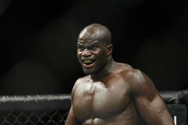 Cheick Kongo during his fight against Mostapha Al Turk after receiving a low blow during their UFC heavyweight mixed martial arts match Saturday, Dec. 27, 2008 at The MGM Grand Garden Arena in Las Vegas. Kongo won via1st round TKO. (AP Photo/Eric Jamison)
