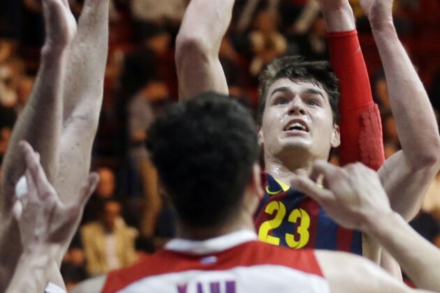 FILE - In this May 18, 2014, file photo, Barcelona’s Mario Hezonja shoots during the Euroleague Final Four third place basketball match between Barcelona and CSKA of Moscow in Milan, Italy. (AP Photo/Luca Bruno, File) FILE - In this May 18, 2014, file photo, Barcelona’s Mario Hezonja shoots during the Euroleague Final Four third place basketball match between Barcelona and CSKA of Moscow in Milan, Italy. (AP Photo/Luca Bruno, File)