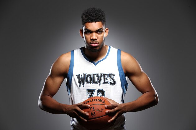 MINNEAPOLIS, MN - June 26:  The First overall pick in the 2015 NBA Draft Karl-Anthony Towns of the Minnesota Timberwolves poses for a portrait on June 26, 2015 at the Minnesota Timberwolves and Lynx Courts at Mayo Clinic Square in Minneapolis, Minnesota.  NOTE TO USER:  User expressly acknowledges and agrees that, by downloading and or using this Photograph, user is consenting to the terms and conditions of the Getty Images License Agreement. Mandatory Copyright Notice: Copyright 2015 NBAE (Photo by David Sherman/NBAE via Getty Images)