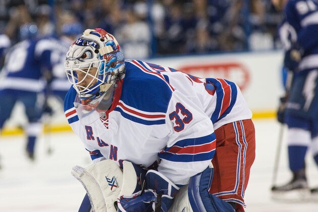 TAMPA, FL - MAY 22: Goalie Cam Talbot #33 of the New York Rangers gets ready for the game against the Tampa Bay Lightning during the pregame warm ups in Game Four of the Eastern Conference Final during the 2015 NHL Stanley Cup Playoffs at the Amalie Arena on May 22, 2015 in Tampa, Florida.  (Photo by Scott Audette/NHLI via Getty Images)