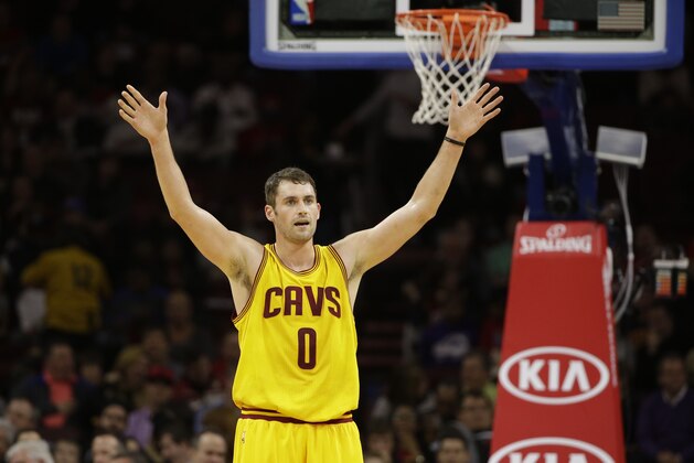 Cleveland Cavaliers' Kevin Love in action during an NBA basketball game against the Philadelphia 76ers, Monday, Jan. 5, 2015, in Philadelphia. (AP Photo/Matt Slocum)