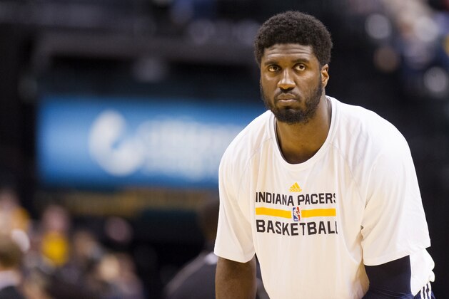 Indiana Pacers center Roy Hibbert (55) warms up on the court before the start of an NBA basketball game, Saturday, March 14, 2015, in Indianapolis. (AP Photo/Doug McSchooler)