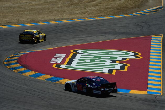 SONOMA, CA - JUNE 26: Carl Edwards, driver of the #19 Stanley Toyota, and Dale Earnhardt Jr., driver of the #88 Microsoft Chevrolet, drive on track during practice for the NASCAR Sprint Cup Series Toyota/Save Mart 350 at Sonoma Raceway on June 26, 2015 in Sonoma, California.  (Photo by Robert Laberge/Getty Images)