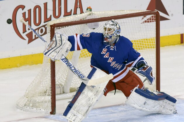 New York Rangers goaltender Cam Talbot deflects the puck during the third period of an NHL hockey game against the Nashville Predators on Monday, March 2, 2015, at Madison Square Garden in New York. The Rangers won 4-1. (AP Photo/Bill Kostroun)