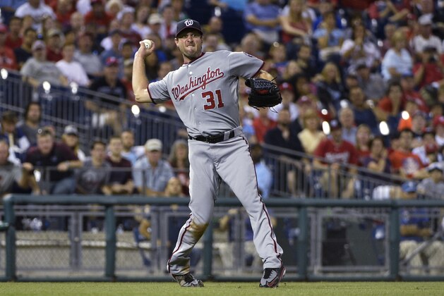 Washington Nationals starting pitcher Max Scherzer throws to first base on a single by Philadelphia Phillies' Cody Asche during the seventh inning of a baseball game, Friday, June 26, 2015, in Philadelphia. Washington won 5-2. (AP Photo/Derik Hamilton) Washington Nationals starting pitcher Max Scherzer throws to first base on a single by Philadelphia Phillies' Cody Asche during the seventh inning of a baseball game, Friday, June 26, 2015, in Philadelphia. Washington won 5-2. (AP Photo/Derik Hamilton)