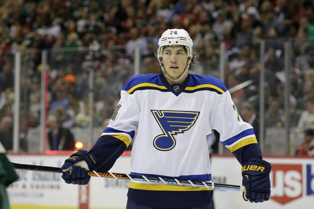 St. Louis Blues right wing T.J. Oshie (74) gets into position for a face-off during the second period of Game 6 of an NHL hockey first-round playoff series against the Minnesota Wild in St. Paul, Minn., Sunday, April 26, 2015. (AP Photo/Ann Heisenfelt)