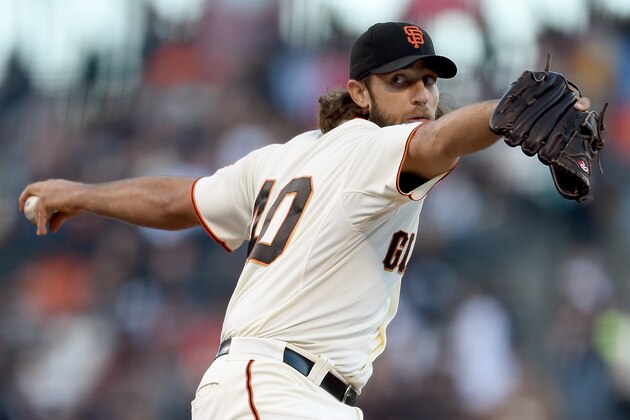 SAN FRANCISCO, CA - JUNE 23:  Madison Bumgarner #40 of the San Francisco Giants pitches against the San Diego Padres in the top of the first inning at AT&T Park on June 23, 2015 in San Francisco, California.  (Photo by Thearon W. Henderson/Getty Images)