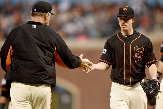 SAN FRANCISCO, CA - MAY 30:  Manager Bruce Bochy #15 of the San Francisco Giants takes the ball from pitcher Tim Lincecum #55 taking him out of the game against the Atlanta Braves in the top of the fifth inning at AT&T Park on May 30, 2015 in San Francisco, California.  (Photo by Thearon W. Henderson/Getty Images)
