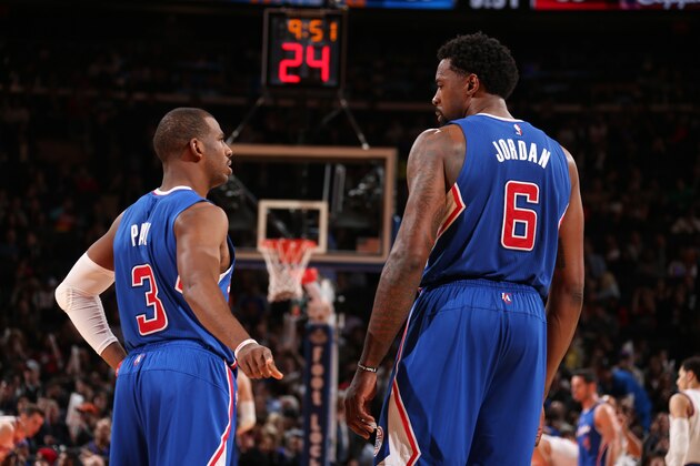 NEW YORK, NY - MARCH 25:  Chris Paul #3 talks with DeAndre Jordan #6 of the Los Angeles Clippers during the game against the New York Knicks on March 25, 2015 at Madison Square Garden in New York City.  NOTE TO USER: User expressly acknowledges and agrees that, by downloading and or using this Photograph, user is consenting to the terms and conditions of the Getty Images License Agreement. Mandatory Copyright Notice: Copyright 2015 NBAE (Photo by Nathaniel S. Butler/NBAE via Getty Images)
