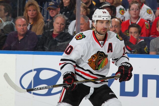 BUFFALO, NY - APRIL 03:  Patrick Sharp #10 of the Chicago Blackhawks skates against the Buffalo Sabres on April 3, 2015 at the First Niagara Center in Buffalo, New York.  (Photo by Bill Wippert/NHLI via Getty Images)