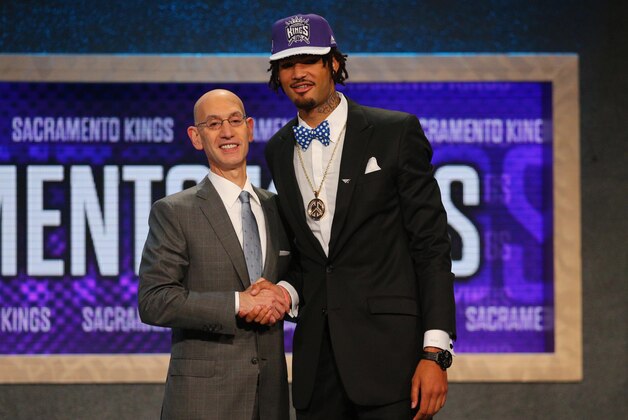Jun 25, 2015; Brooklyn, NY, USA; Willie Cauley-Stein (Kentucky) greets NBA commissioner Adam Silver after being selected as the number six overall pick to the Sacramento Kings in the first round of the 2015 NBA Draft at Barclays Center. Mandatory Credit: Brad Penner-USA TODAY Sports