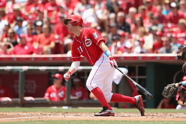 CINCINNATI, OH - JUNE 21:  Todd Frazier #21 of the Cincinnati Reds hits a homerun in the first inning during the game against the Miami Marlins at Great American Ball Park on June 21, 2015 in Cincinnati, Ohio.  (Photo by Andy Lyons/Getty Images)