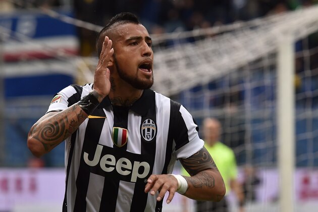 GENOA, ITALY - MAY 02:  Arturo Vidal of  Juventus FC celebrates after scoring the opening goal during the Serie A match between UC Sampdoria and Juventus FC at Stadio Luigi Ferraris on May 2, 2015 in Genoa, Italy.  (Photo by Valerio Pennicino/Getty Images)