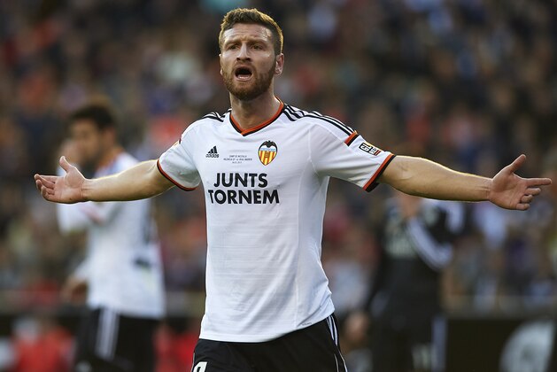 VALENCIA, SPAIN - JANUARY 04:  Shkodran Mustafi of Valencia reacts during the La Liga match between Valencia CF and Real Madrid CF at Estadi de Mestalla on January 4, 2015 in Valencia, Spain.  (Photo by Manuel Queimadelos Alonso/Getty Images)