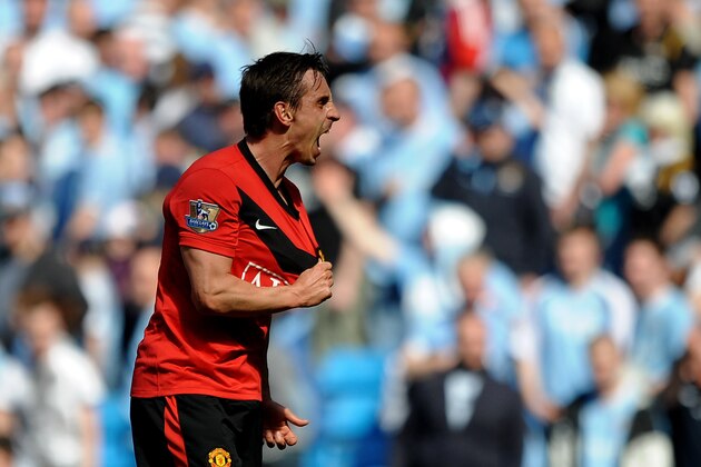 MANCHESTER, ENGLAND - APRIL 17:  Gary Neville of Manchester United celebrates at the end of  the Barclays Premier League match between Manchester City and Manchester United at the City of Manchester Stadium on April 17, 2010 in Manchester, England.  (Photo by Laurence Griffiths/Getty Images)