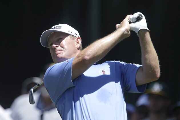 Jeff Maggert tees off on the third hole during the final round of the U.S. Senior Open golf tournament at Del Paso Country Club in Sacramento, Calif., Sunday, June 28, 2015. (AP Photo/Rich Pedroncelli)