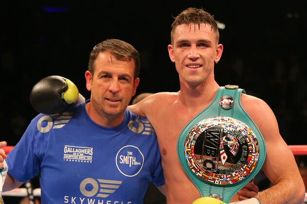 LIVERPOOL, ENGLAND - JUNE 26: Callum Smith with trainer Joe Gallagher after beating Christopher Rebrasse during their WBC Silver Super Middleweight Championship contest at the Echo Arena on June 26, 2015 in Liverpool, England. (Photo by Dave Thompson/Getty Images)