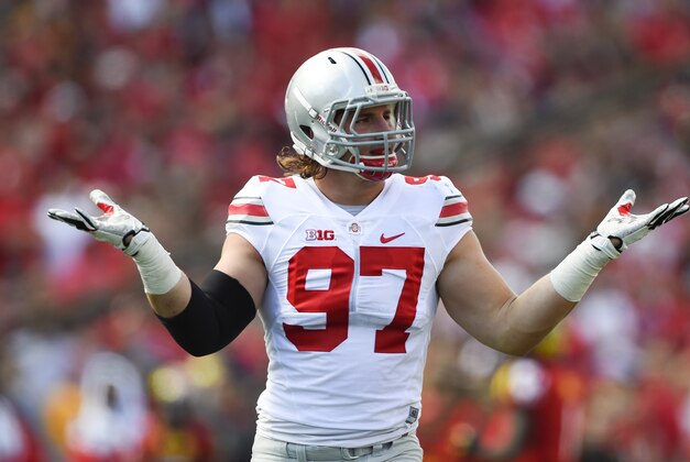 Oct 4, 2014; College Park, MD, USA; Ohio State Buckeyes defensive lineman Joey Bosa (97) celebrates after sacking Maryland Terrapins quarterback C.J. Brown (not pictured) in the second quarter at Byrd Stadium. Mandatory Credit: Tommy Gilligan-USA TODAY Sports