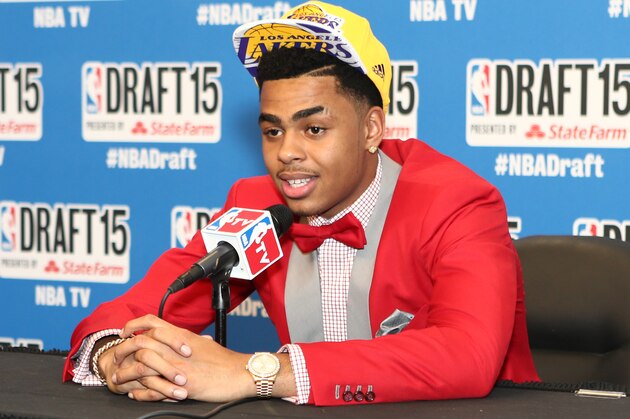 BROOKLYN, NY - JUNE 25:  D'Angelo Russell, the second overall pick of the Los Angeles Lakers, talks to the media during the 2015 NBA Draft on June 25, 2015 at Barclays Center in Brooklyn, New York. NOTE TO USER: User expressly acknowledges and agrees that, by downloading and or using this photograph, User is consenting to the terms and conditions of the Getty Images License Agreement. Mandatory Copyright Notice: Copyright 2015 NBAE (Photo by Jon Lopez/NBAE via Getty Images)