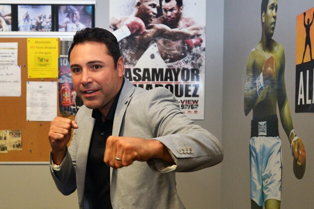PHILADELPHIA, PA - OCTOBER 28: Oscar De La Hoya poses for a photo before Bernard Hopkins works out for the media at Joe Hand Boxing Gym on October 28, 2014 in Philadelphia, Pennsylvania. (Photo by Drew Hallowell/Getty Images)